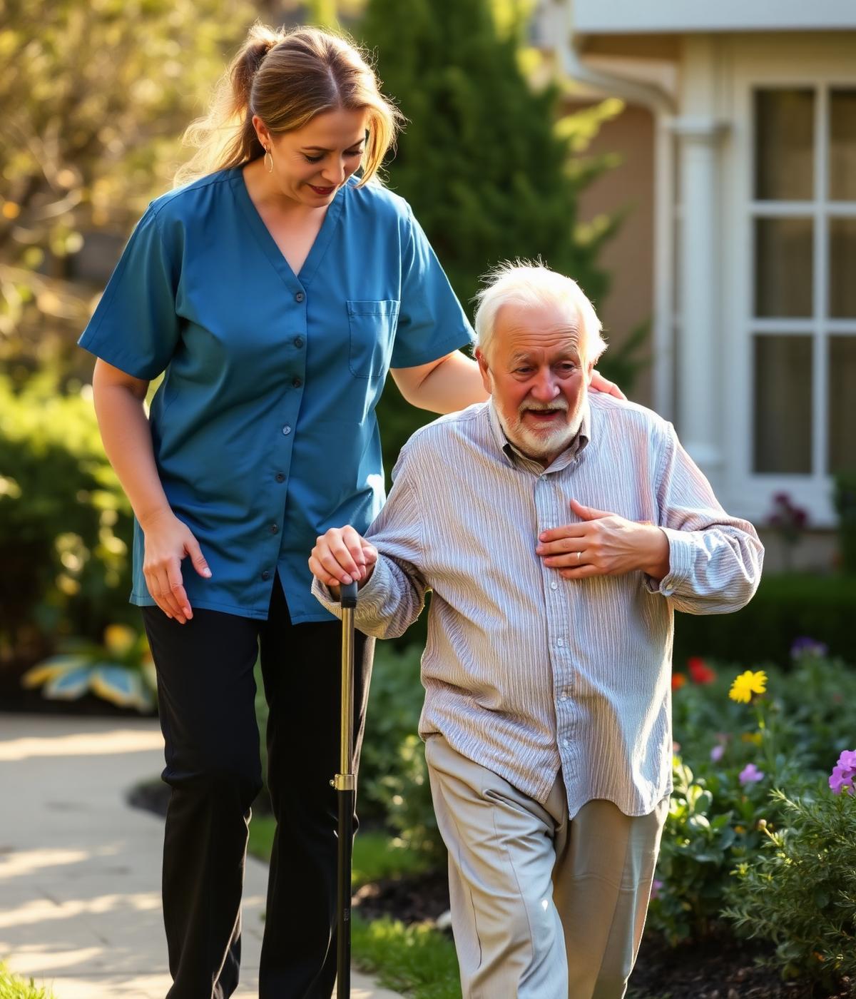 Caregiver assisting an elderly man on a garden walk
