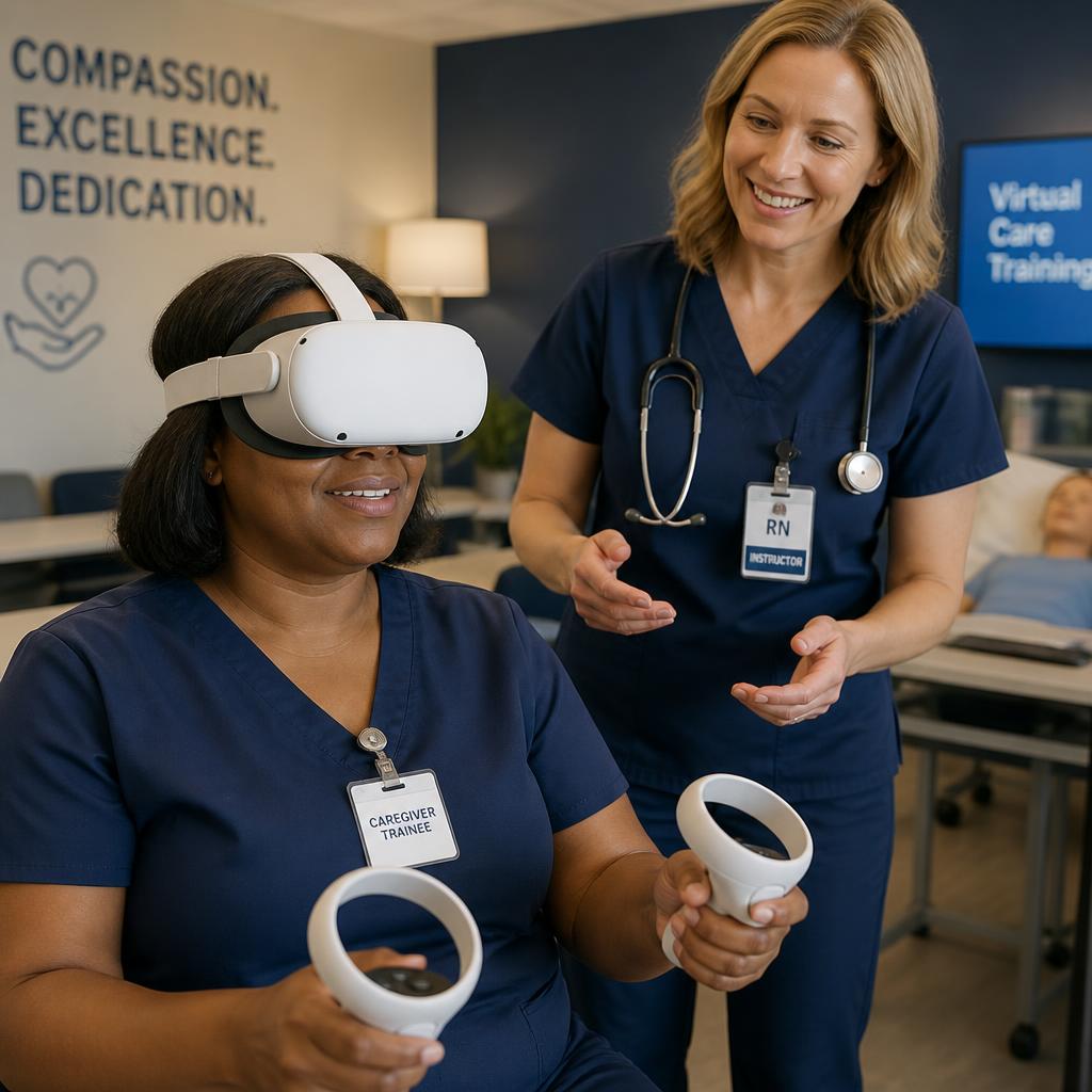Caregiver wearing a VR headset during a Dementia 360™ training session with a registered nurse instructor