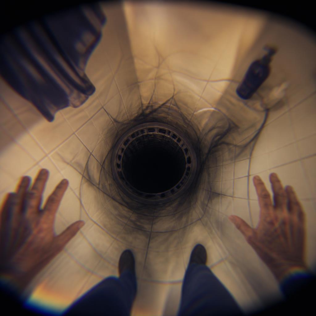 First-person VR view of a shower drain appearing as a frightening hole in the floor to illustrate dementia perception