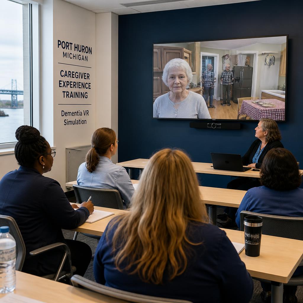 Caregivers in the Port Huron training center reviewing a dementia VR simulation together